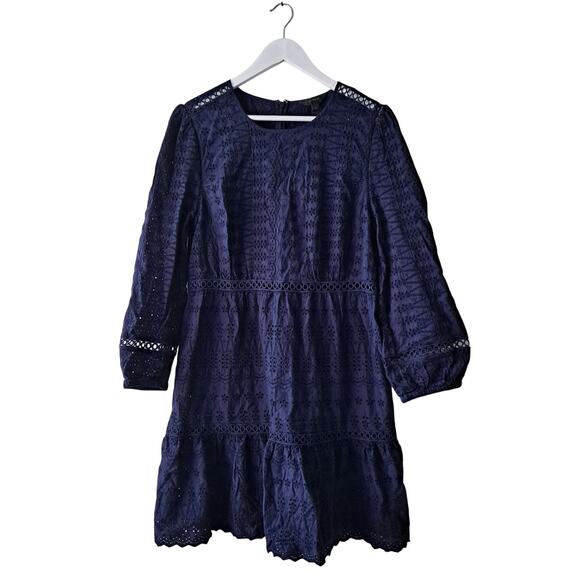J. Crew Eyelet Lace Dress Long Sleeve Flutter Hem Mini Navy Blue Womens Size 12 - Picture 2 of 15